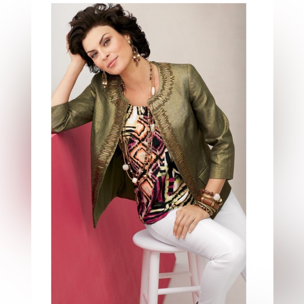 Chicos | Open Front Embellished Beaded Linen Jacket Womens Size 1 Green